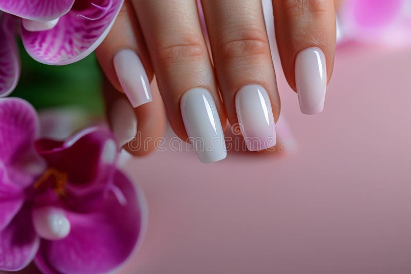 A womans hand adorned with a white manicure showcasing pink flowers. AI Generative AI generated. A womans hand adorned with a white manicure showcasing pink flowers. AI Generative AI generated