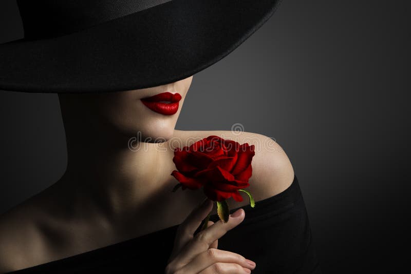 Vrouwen Rode Lippen en Rose Flower, Mannequin Beauty Portrait