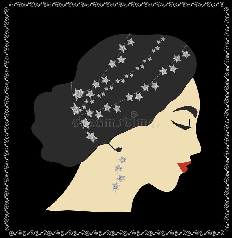 Vrouwenportret met Zilveren Sterren in Haar royalty-vrije illustratie Vrouwenportret met Zilveren Sterren in Haar royalty-vrije illustratie