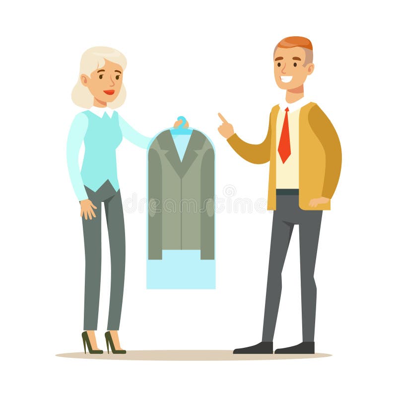 Woman Employee Giving A Clean Suit Jacket To Man Client, Part Of People Using Clothing Dry Cleaning Professional Service Set Of Vector Illustrations. Person Taking Care Of The Clothes And Laundry Cartoon Drawing With Smiling Character. Woman Employee Giving A Clean Suit Jacket To Man Client, Part Of People Using Clothing Dry Cleaning Professional Service Set Of Vector Illustrations. Person Taking Care Of The Clothes And Laundry Cartoon Drawing With Smiling Character.