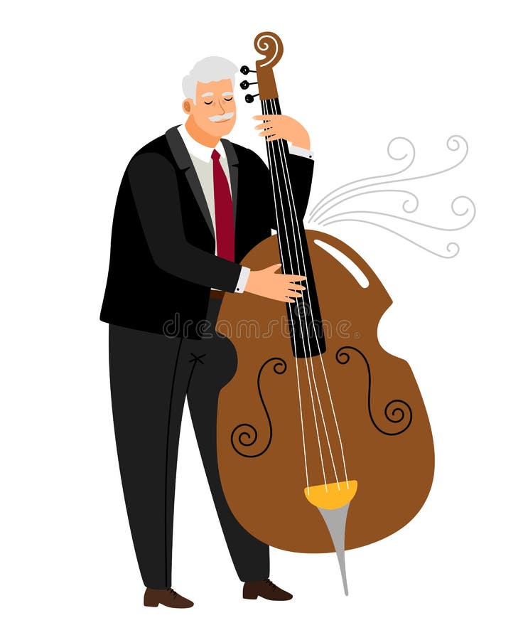 Vrtuoso contrabassist man, player jazz contrabass vector royalty free illustration