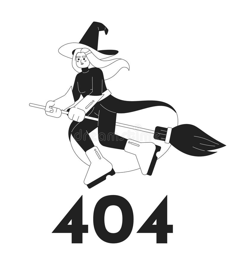 Vrăjitoare pe bromstick negru eroare alb 404 mesaj flash stock illustration