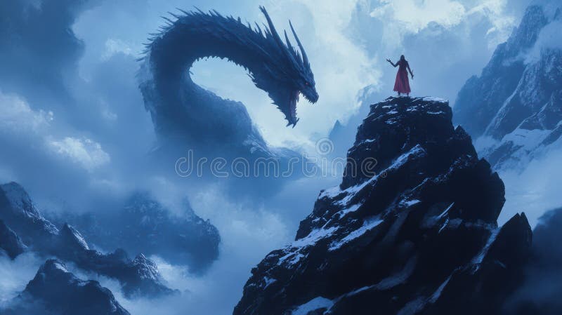 Vrăjitor ajungând spre dragon stând pe vârful pietros vector illustration