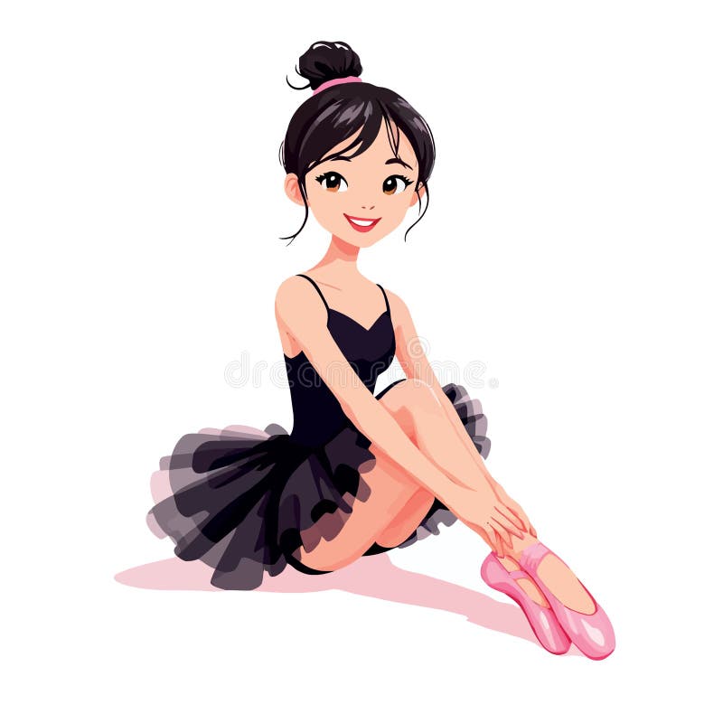 Vsai young smiling ballerina sitting and wearing a black tutu and pink ballet shoes vector illustration
