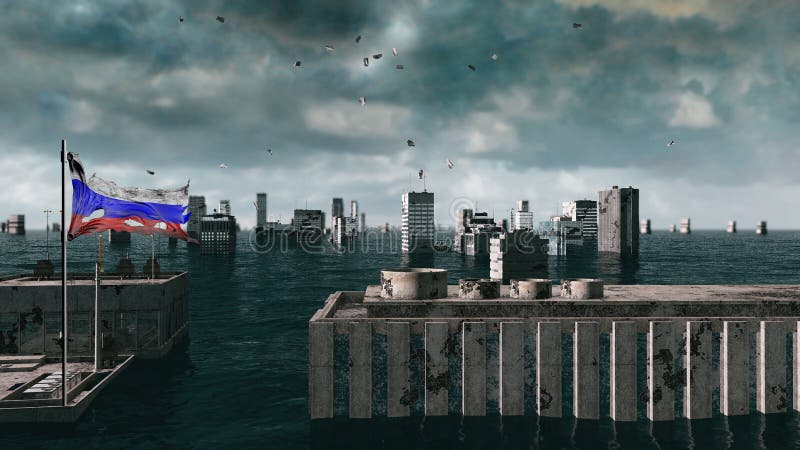 Vue apocalyptique de l'eau inondation urbaine, drapeau russe storm 3d rendent photographie stock Vue apocalyptique de l'eau inondation urbaine, drapeau russe storm 3d rendent photographie stock
