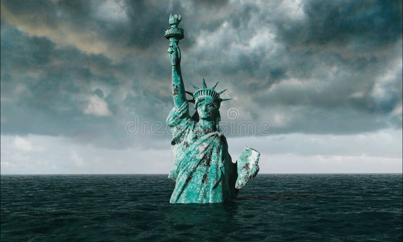 Vue apocalyptique de l'eau Vieille statue de la liberté dans la tempête 3d rendent image libre de droits Vue apocalyptique de l'eau Vieille statue de la liberté dans la tempête 3d rendent image libre de droits