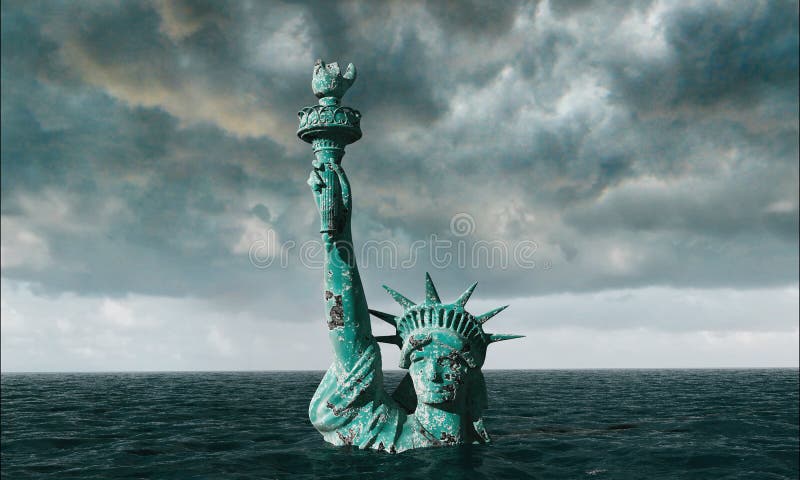 Vue apocalyptique de l'eau Vieille statue de la liberté dans la tempête 3d rendent image stock Vue apocalyptique de l'eau Vieille statue de la liberté dans la tempête 3d rendent image stock