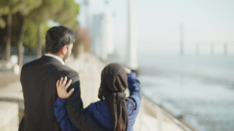 Vue arrière d'un couple heureux marchant le long du quai banque de vidéos