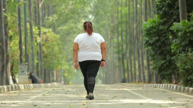 Vue arrière de femme de poids excessif marchant au parc clips vidéos