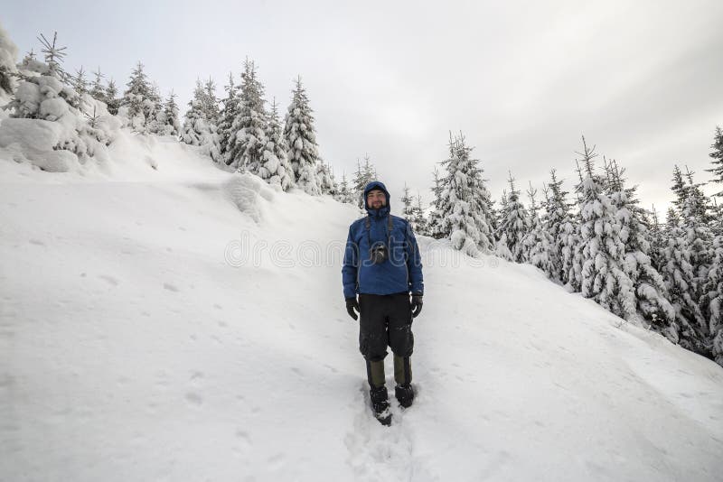Vue arrière de la position de touristes de randonneur sur la pente de montagne raide sur le fond de l'espace de copie des arbres image stock Vue arrière de la position de touristes de randonneur sur la pente de montagne raide sur le fond de l'espace de copie des arbres image stock