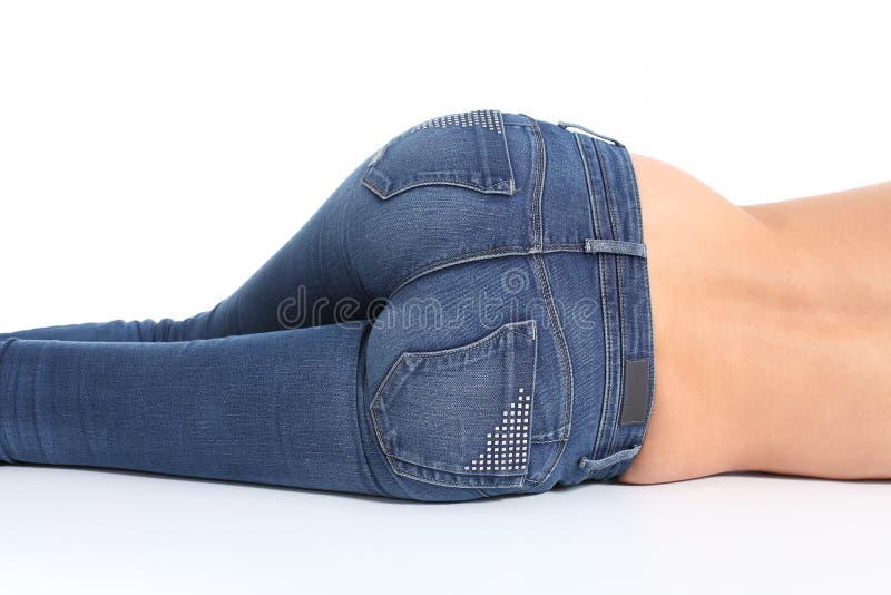 Back view of woman bottom with blue jeans on a white background. Back view of woman bottom with blue jeans on a white background