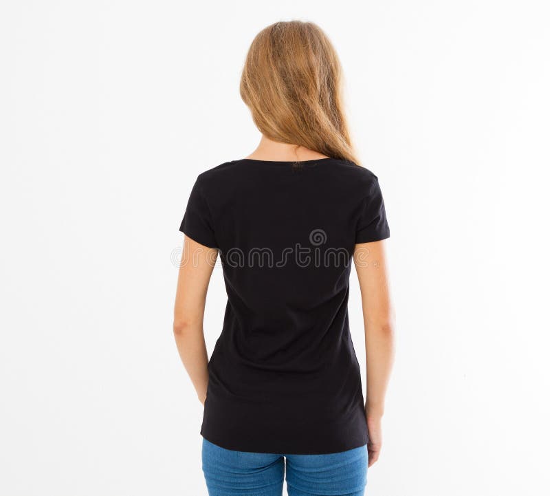 Vue arrière arrière : la femme dans le T-shirt noir a isolé, fille dans la moquerie de T-shirt, T-shirt noir T-shirt femelle de s photo stock Vue arrière arrière : la femme dans le T-shirt noir a isolé, fille dans la moquerie de T-shirt, T-shirt noir T-shirt femelle de s photo stock