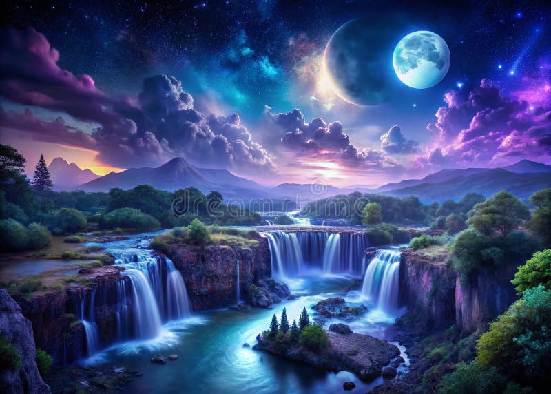 Vue aérienne captivante d'un ciel nocturne illuminé par la Lune Cascade majestueuse de teintes bleu et violet de minuit illustration de vecteur