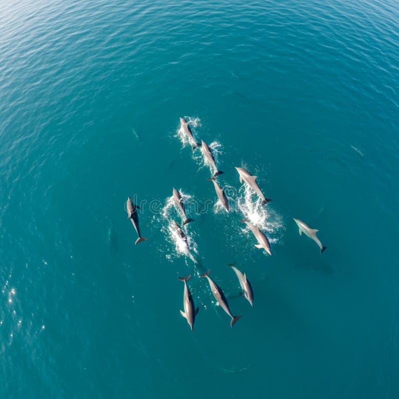 Vue aérienne d'un bassin de dauphins nageant dans l'eau claire et bleue de l'océan. illustration stock