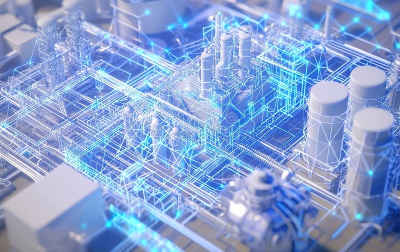 Vue aérienne d'un complexe industriel futuriste avec des connexions éclatantes et des modèles de données pendant la nuit illustration libre de droits