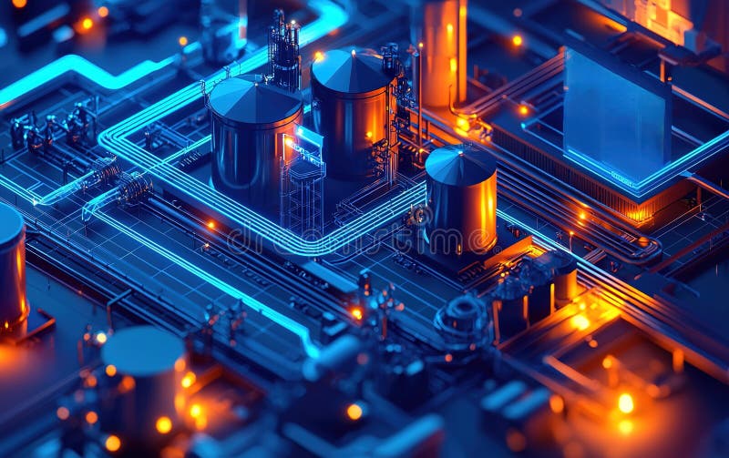 Vue aérienne d'un complexe industriel futuriste avec des pipelines illuminés et des réservoirs la nuit photo stock