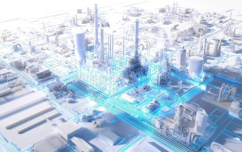 Vue aérienne d'un complexe industriel futuriste avec technologie avancée et connexions lumineuses bleues photos libres de droits