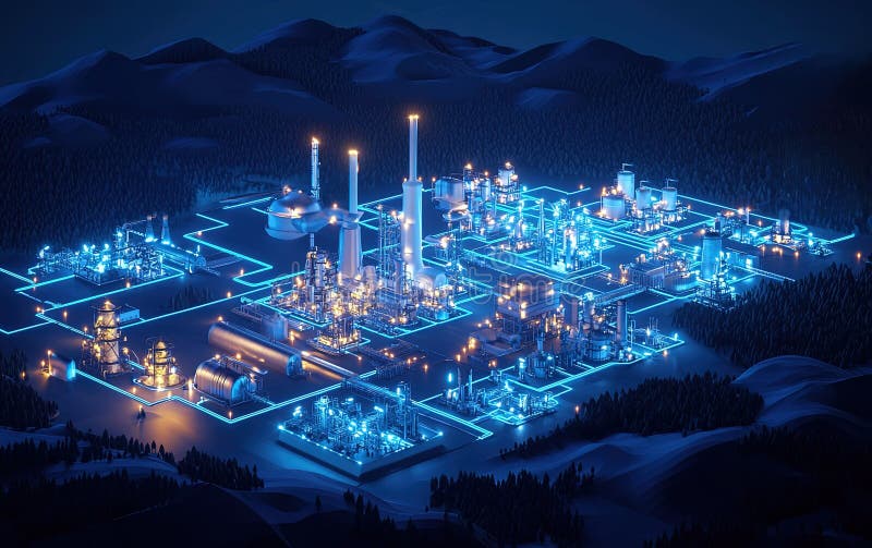 Vue aérienne d'un complexe industriel high-tech illuminé la nuit par des lumières bleues entourées de montagnes photographie stock libre de droits