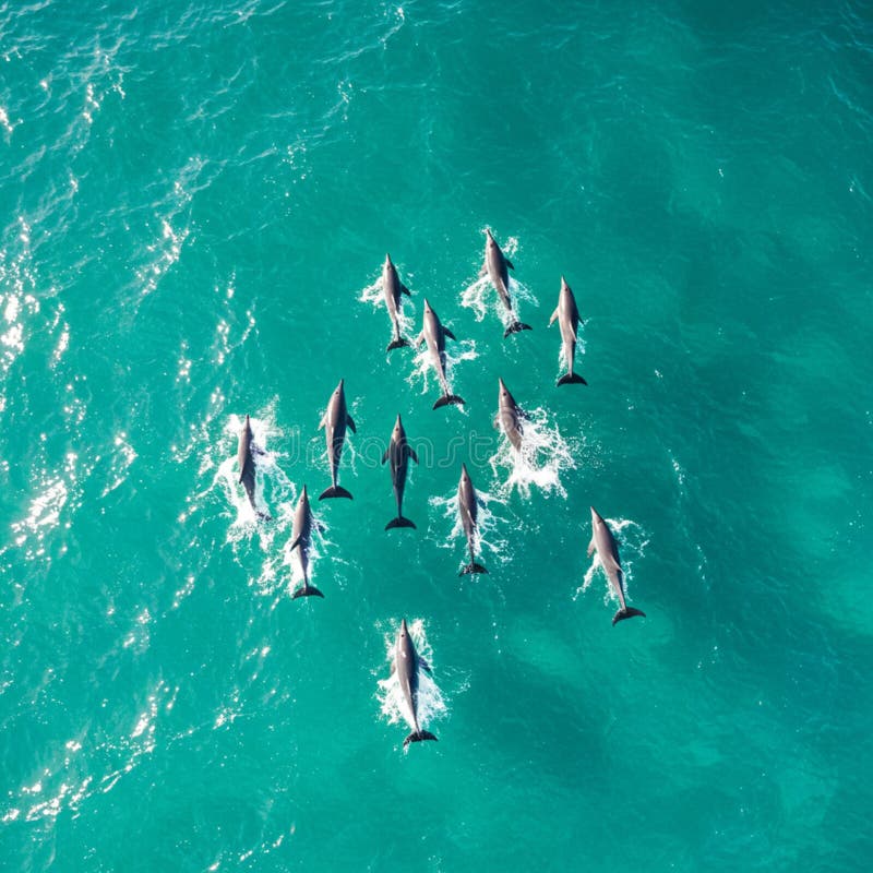 Vue aérienne d'un groupe de dauphins nageant dans une eau turquoise. illustration stock