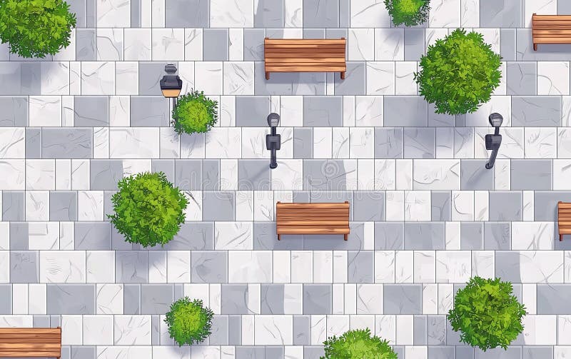 Vue aérienne d'un parc urbain serein avec bancs lampadaires et verdure luxuriante par une journée ensoleillée illustration stock