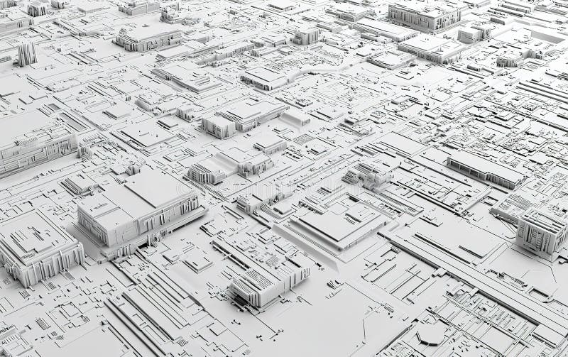Vue aérienne d'un paysage urbain complexe avec des bâtiments et des structures complexes dans un design minimaliste pendant images libres de droits