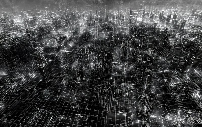 Vue aérienne d'un paysage urbain futuriste illuminé par des lignes et des structures brillantes la nuit photographie stock
