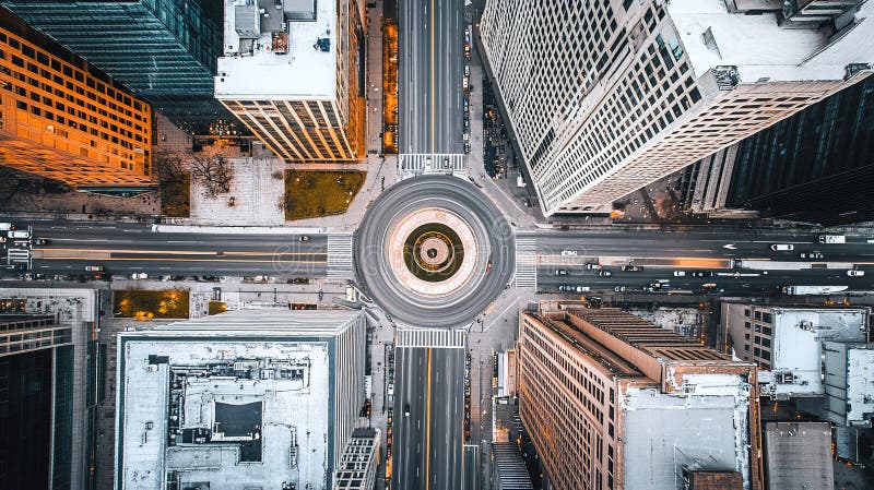 Vue aérienne d'un rond-point urbain animé entouré de grands immeubles et de rues animées en plein jour images libres de droits