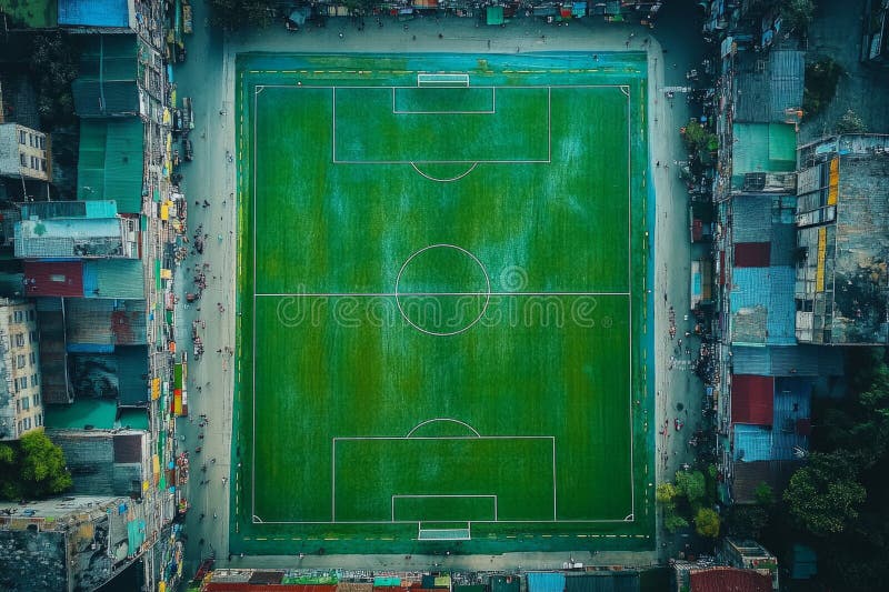 Vue aérienne d'un terrain de football verdoyant niché au milieu d'une zone urbaine densément peuplée qui présente l'intersection d image libre de droits