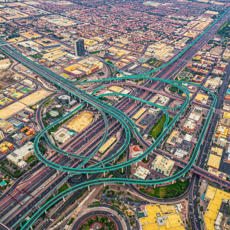 Vue aérienne d'un échangeur routier complexe dans une zone urbaine dense. illustration libre de droits