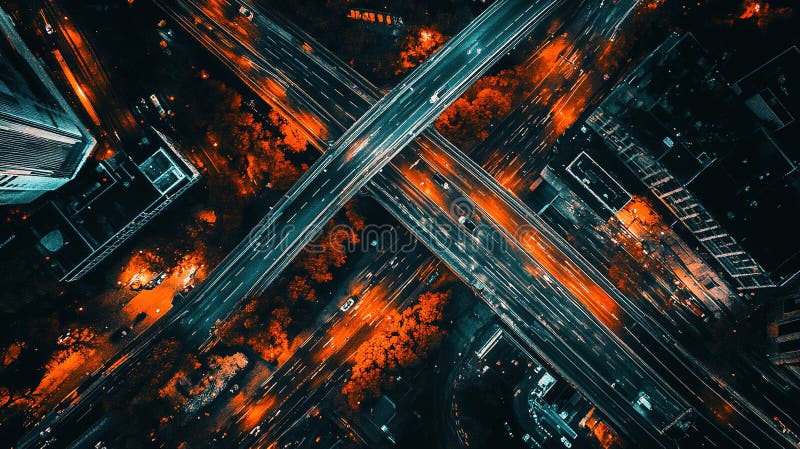 Vue aérienne d'un échangeur urbain animé la nuit, avec des phares et des lumières animées illustration libre de droits