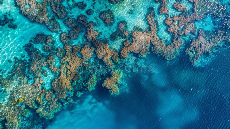 An aerial perspective of a vibrant coral reef bustling with marine life in the crystal-clear waters of the ocean. AI generated. An aerial perspective of a vibrant coral reef bustling with marine life in the crystal-clear waters of the ocean. AI generated