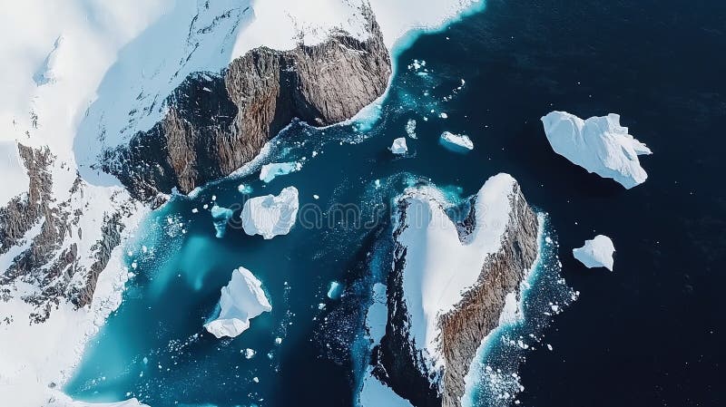 Vue aérienne d'une côte rocheuse enneigée avec de grands icebergs flottant dans l'eau bleue photo libre de droits