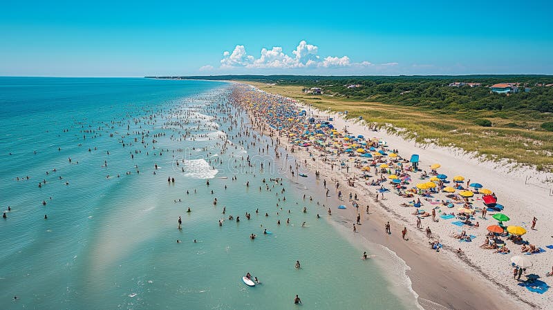 Vue aérienne d'une plage bondée avec des gens et des parasols colorés près de l'océan. Vue aérienne d'une plage bondée avec beaucoup de gens profitant de la journée d'été