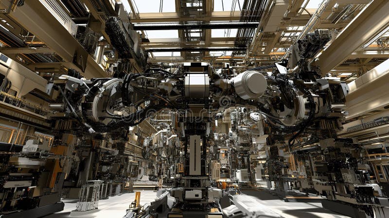 Vue aérienne d'une puce futuriste entourée de circuits lumineux dans un paysage numérique high-tech la nuit photos libres de droits