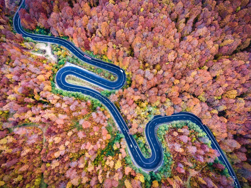 Vue aérienne d'une route d'enroulement dans les montagnes dans la saison d'automne