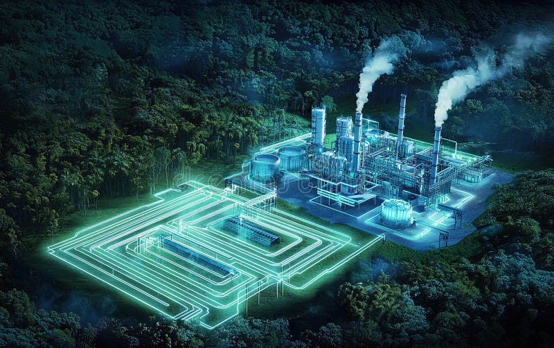 Vue aérienne d'une usine industrielle moderne entourée de forêt présentant la technologie de pointe et l'environnement photographie stock