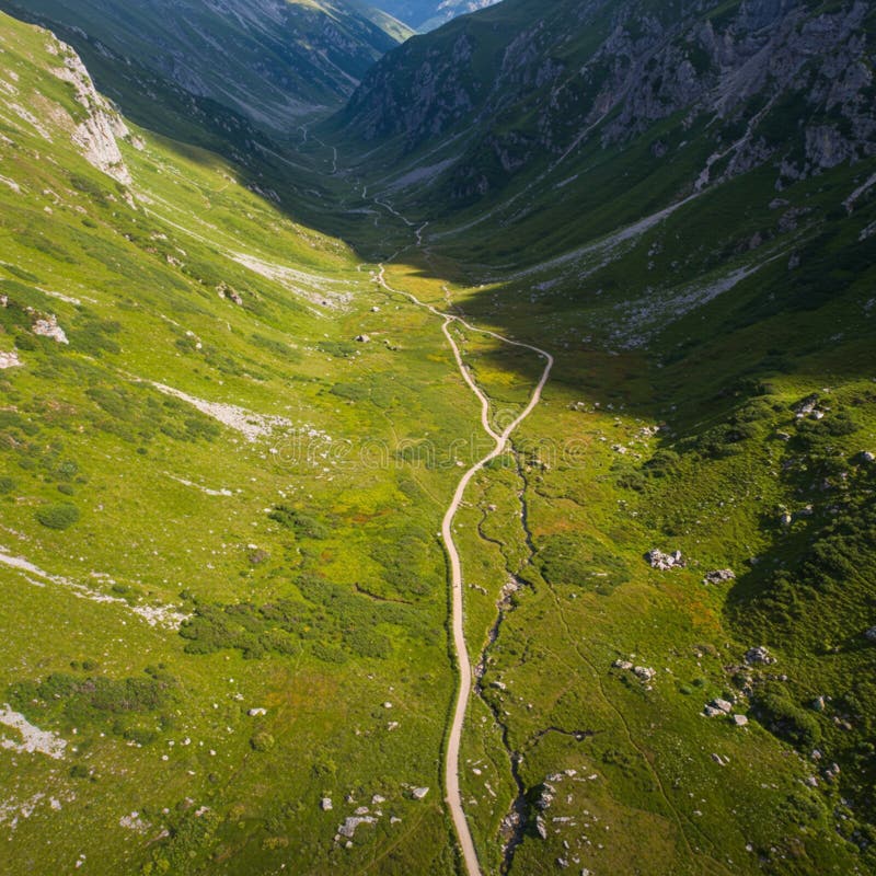 Vue aérienne d'une vallée verdoyante flanquée de montagnes escarpées. illustration de vecteur