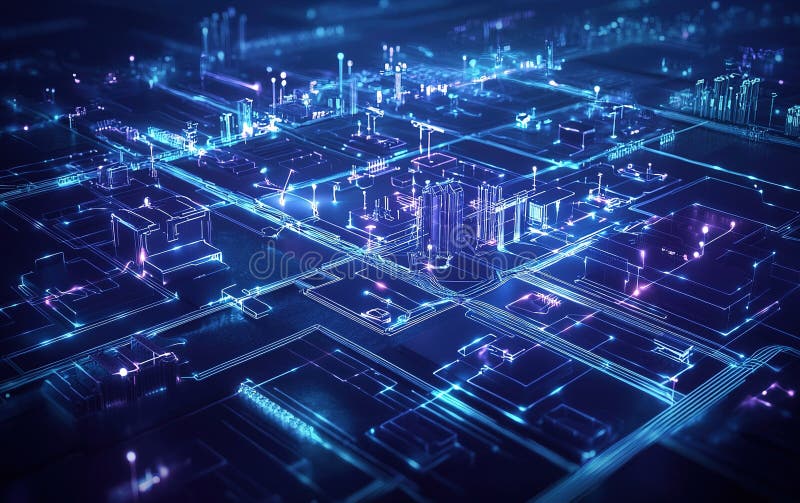 Vue aérienne d'une ville futuriste avec des bâtiments illuminés et des structures numériques la nuit présentant des avancées image stock