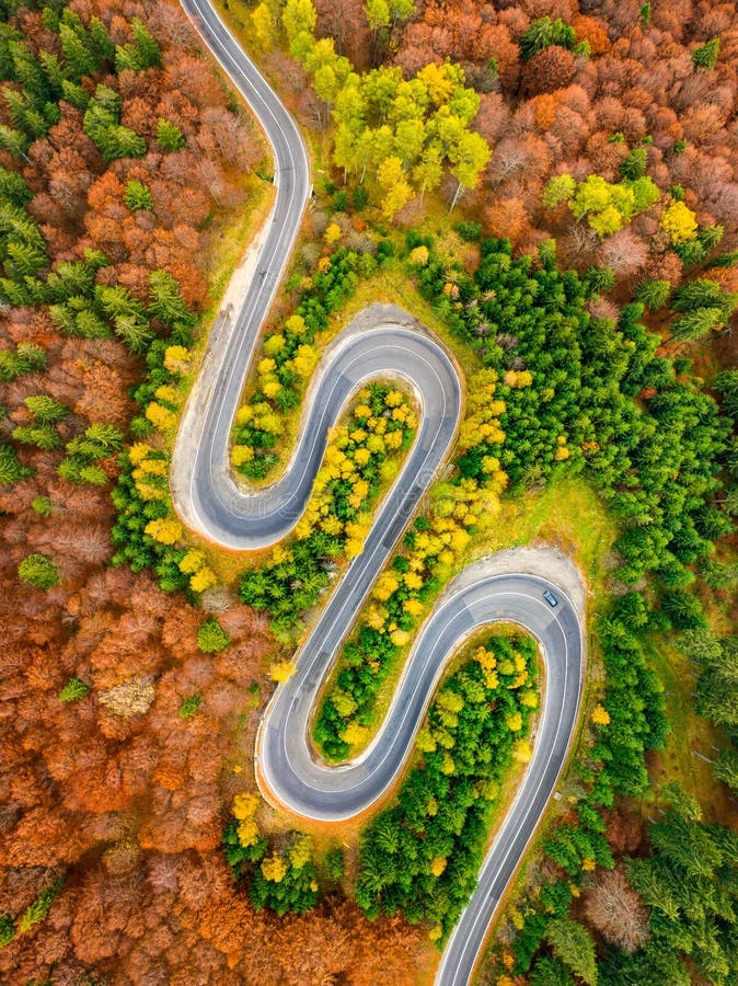 Vue aérienne de forêt sinueuse d'automne de croisement de route images libres de droits Vue aérienne de forêt sinueuse d'automne de croisement de route images libres de droits