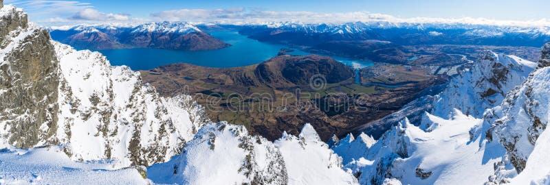 Aerial view of Frankton and Lake Wakatipu from the Remarkables Mountain, Queenstown, New Zealand. Aerial view of Frankton and Lake Wakatipu from the Remarkables Mountain, Queenstown, New Zealand