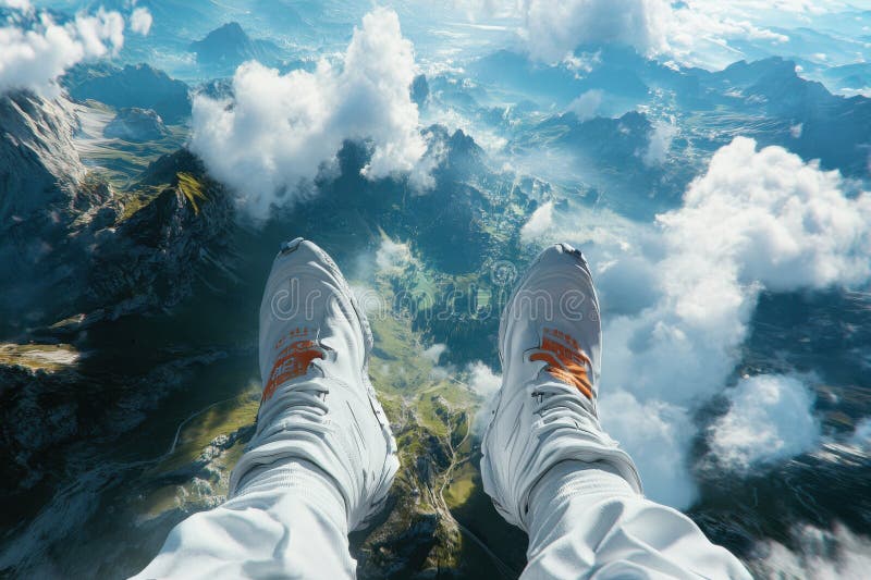 Vue aérienne de la personne parapente sur la majestueuse chaîne de montagnes avec baskets blanches et nuages sous illustration libre de droits