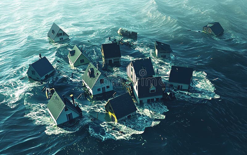 Vue aérienne de maisons immergées dans un quartier inondé pendant une catastrophe naturelle image libre de droits