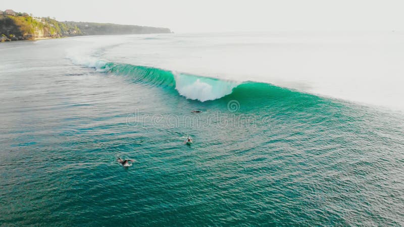 Vue aérienne des surfers et de la vague bleue de baril dans l'océan Surfer et vagues banque de vidéos