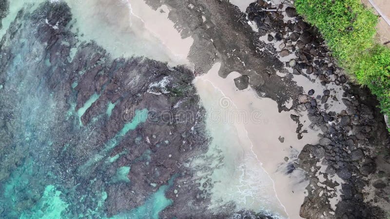 Vue aérienne des vagues qui s'écrasent sur le rivage de Bali avec des eaux turquoise et un littoral accidenté banque de vidéos