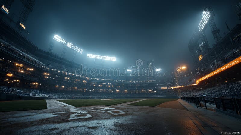 Vue Aérienne d'un Stade de Baseball Vide Sous un Ciel Nocturne Dramatique avec des Lumières de la Ville illustration de vecteur