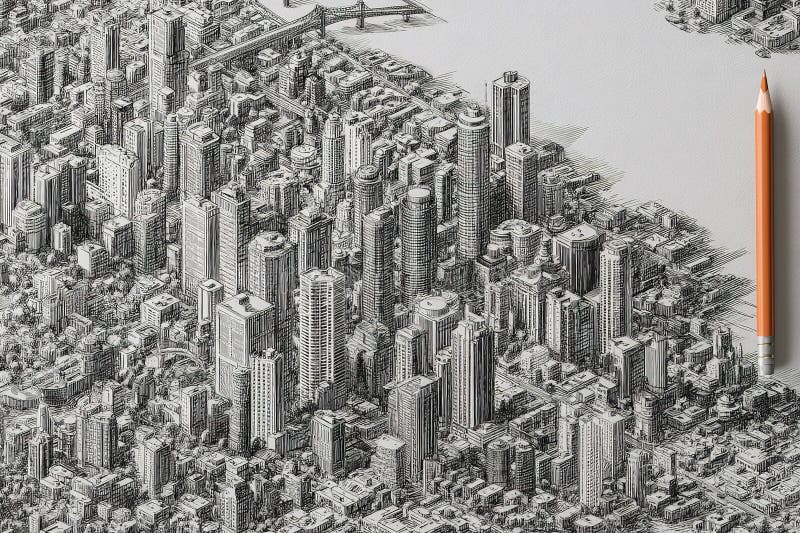 Vue aérienne détaillée d'une ligne urbaine moderne avec des conceptions architecturales complexes et un crayon pour l'échelle photos stock