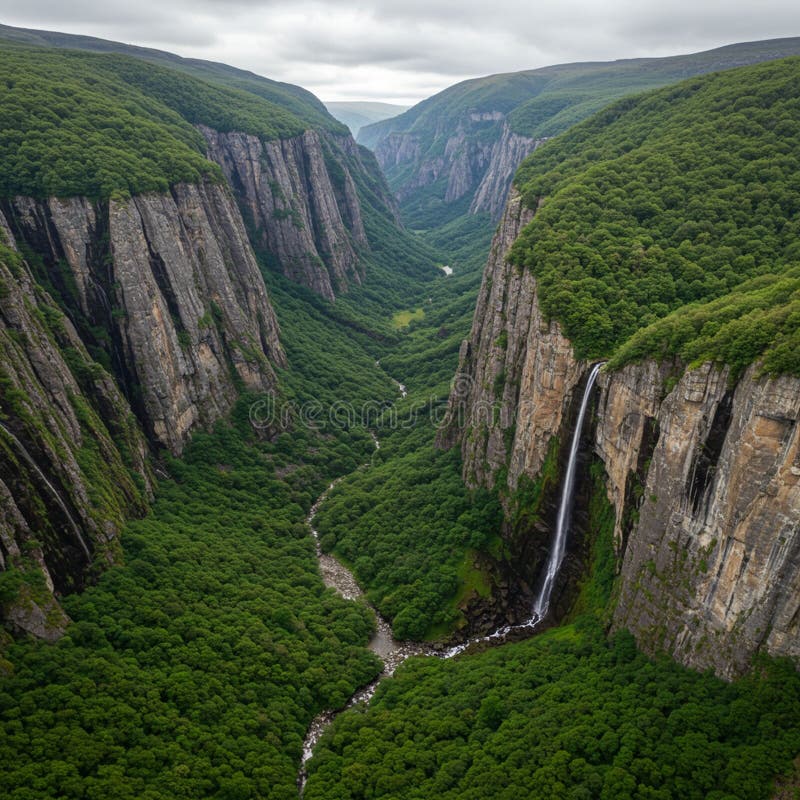 Vue aérienne spectaculaire d'un canyon verdoyant avec des falaises abruptes couvertes d'une forêt dense. illustration libre de droits
