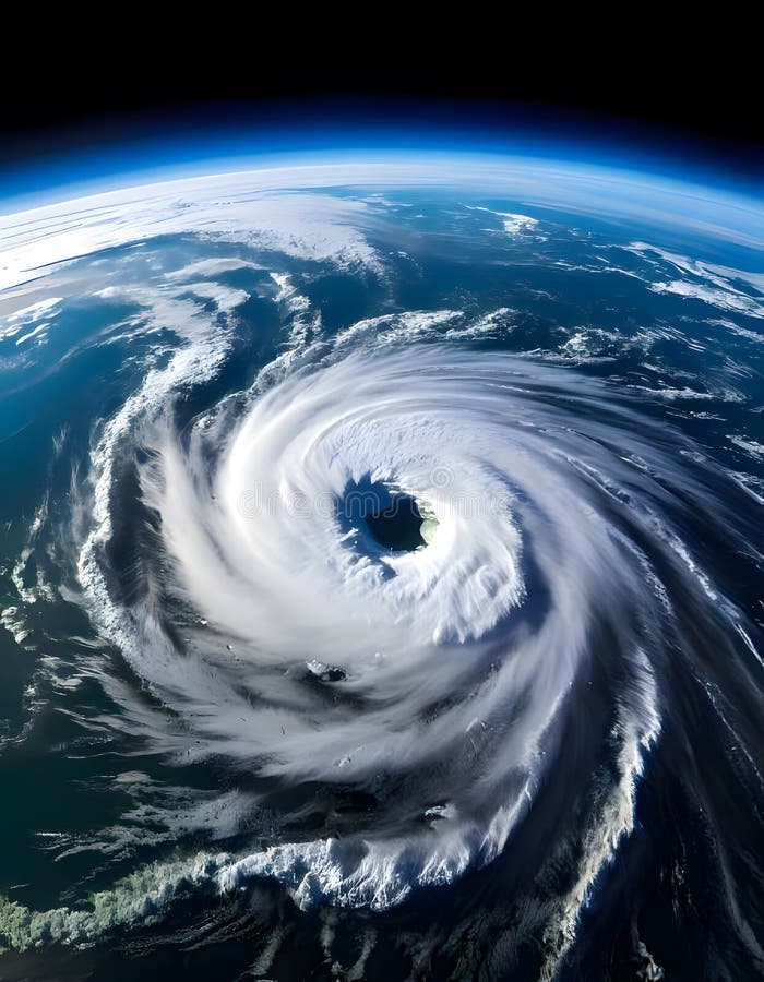 Vue aérienne spectaculaire d'un puissant ouragan tourbillonnant sur la terre. une force naturelle vue de l'espace illustration de vecteur