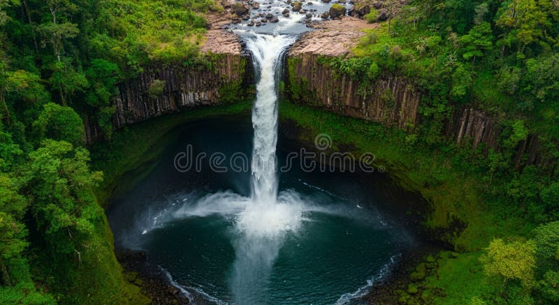Vue aérienne spectaculaire d'une cascade plongeant dans un bassin circulaire entouré de verdure illustration stock