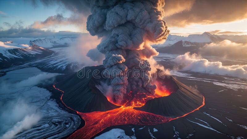 Vue aérienne spectaculaire d'une éruption volcanique massive illustration stock